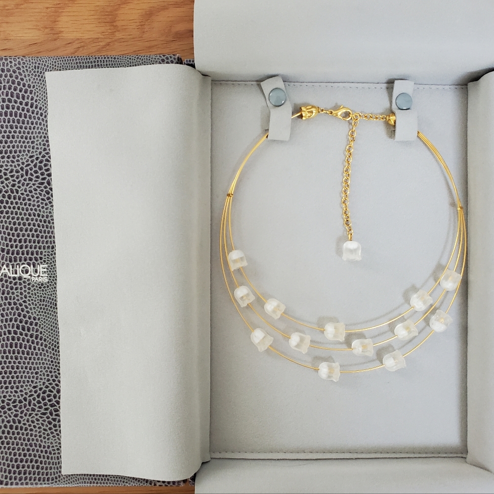 LALIQUE 3 String Crystal Opal Choker Necklace MUGUET Lily Of The Valley